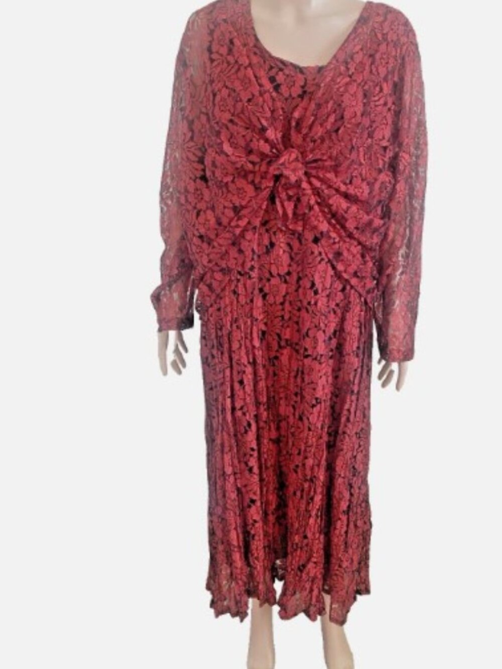 LOLA P. Red Black Lace 2 Pc Maxi Dress with Shawl Plus Size 2X